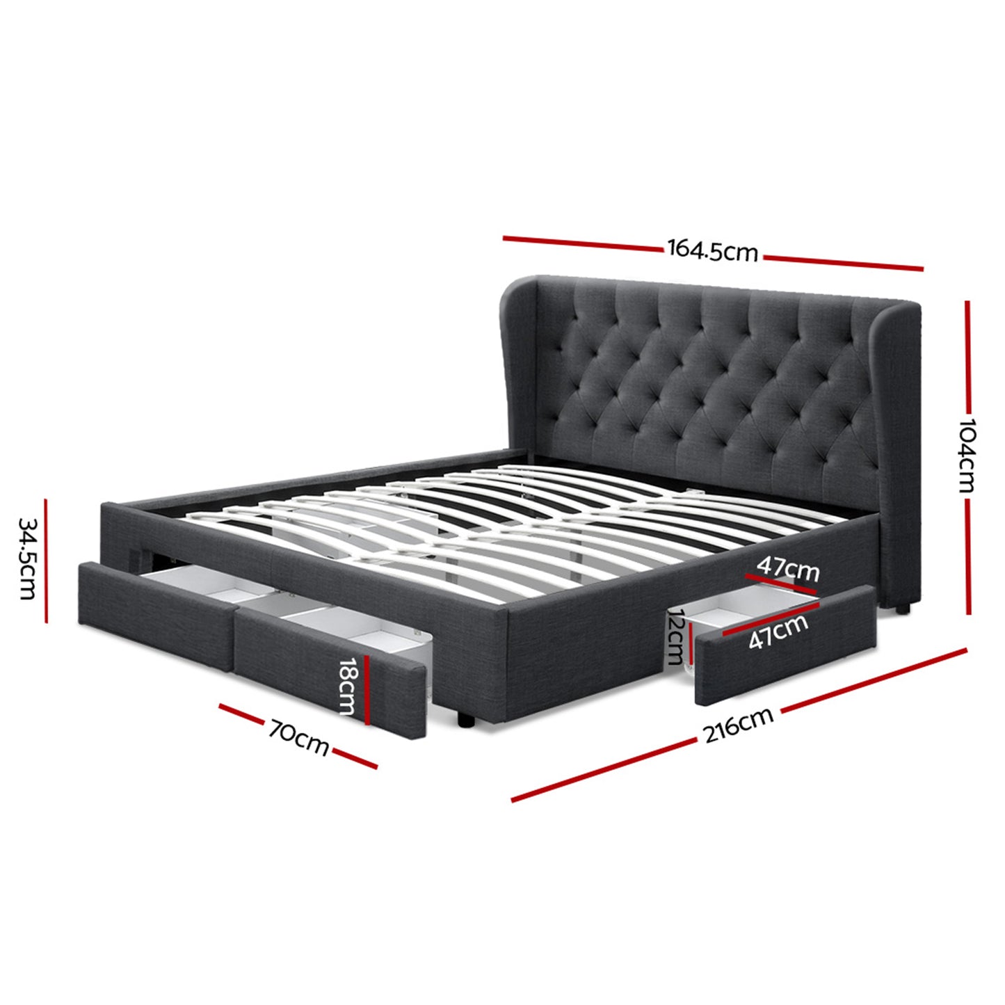 Mila Queen Bed Frame with 4 Drawers - Charcoal