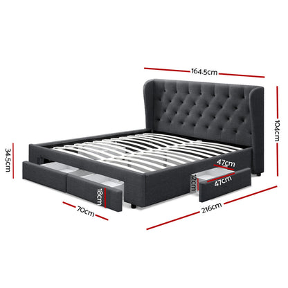 Mila Queen Bed Frame with 4 Drawers - Charcoal
