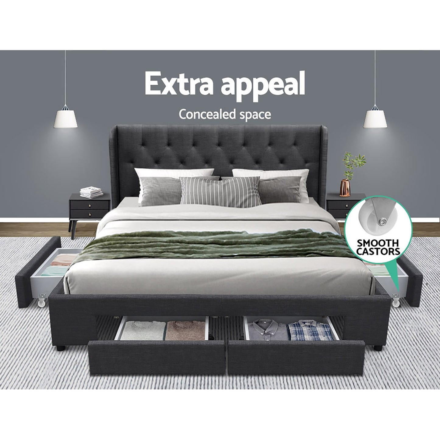 Mila Queen Bed Frame with 4 Drawers - Charcoal