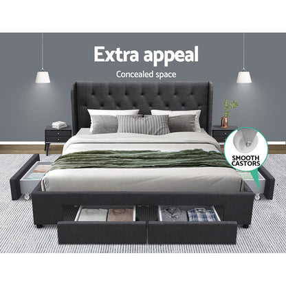Mila Queen Bed Frame with 4 Drawers - Charcoal