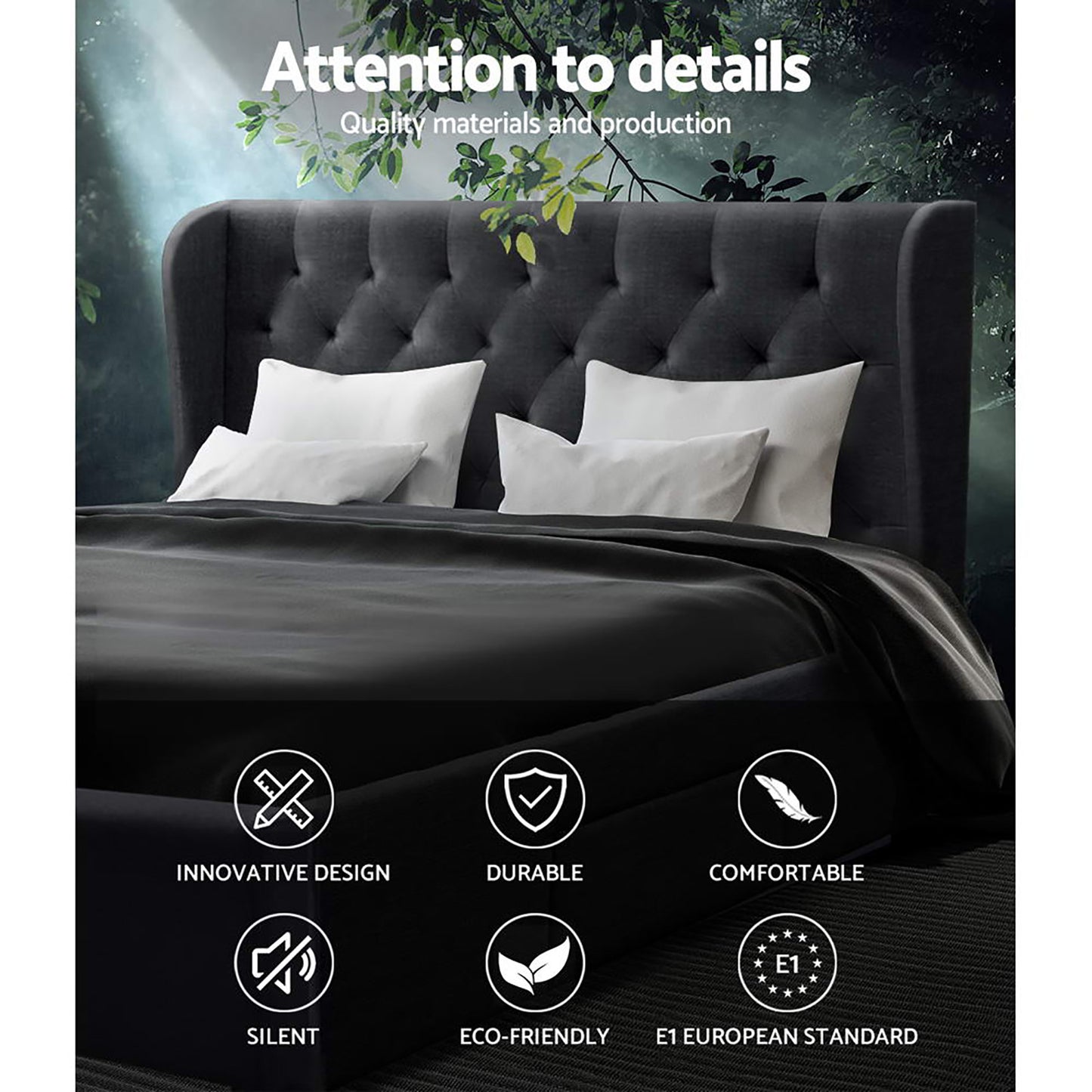 Mila Queen Bed Frame with 4 Drawers - Charcoal