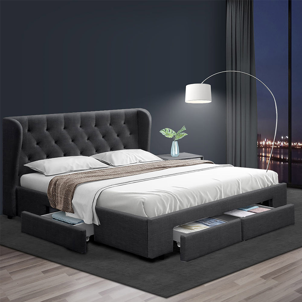 Mila Queen Bed Frame with 4 Drawers - Charcoal