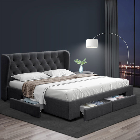 Mila Queen Bed Frame with 4 Drawers - Charcoal