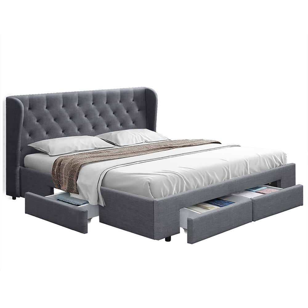 Mila Queen Bed Frame with 4 Drawers - Grey