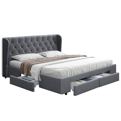 Mila Queen Bed Frame with 4 Drawers - Grey