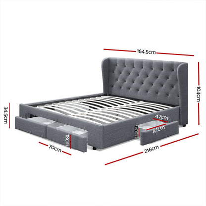 Mila Queen Bed Frame with 4 Drawers - Grey
