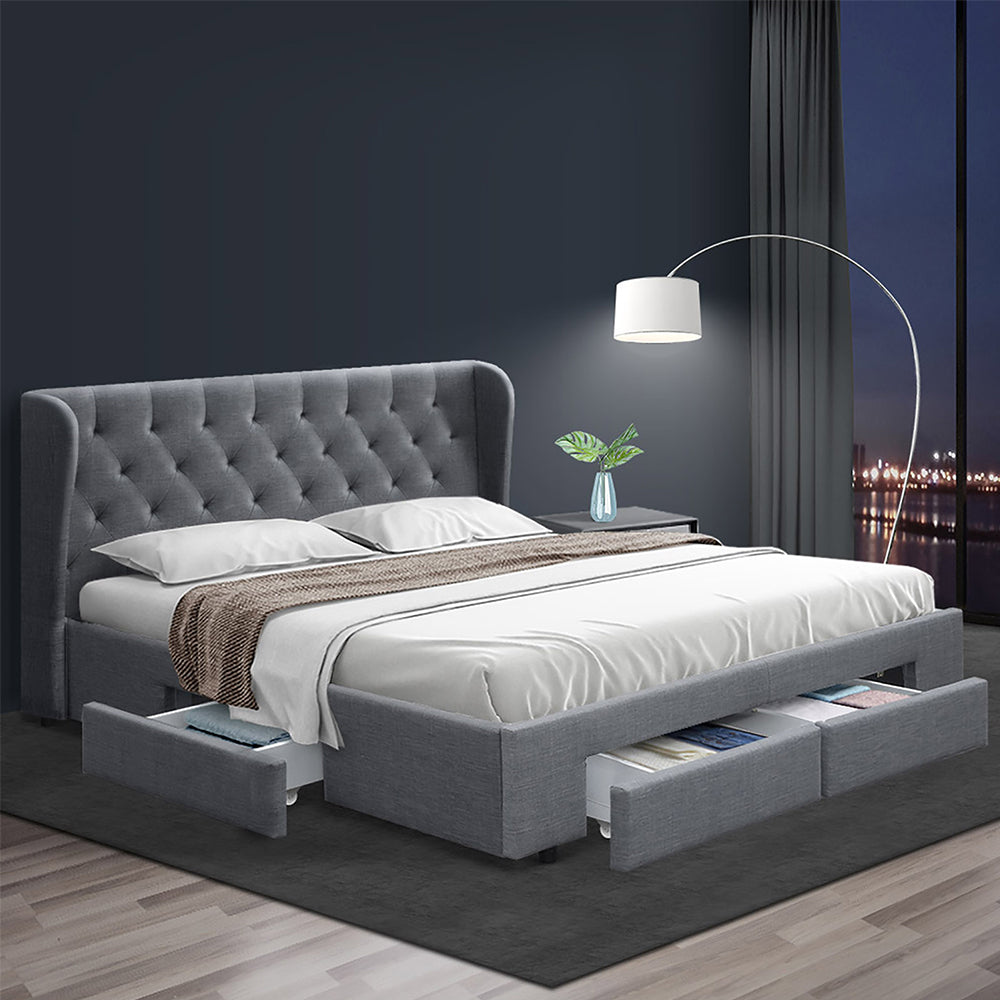 Mila Queen Bed Frame with 4 Drawers - Grey