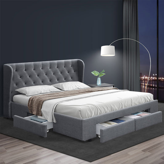 Mila Queen Bed Frame with 4 Drawers - Grey