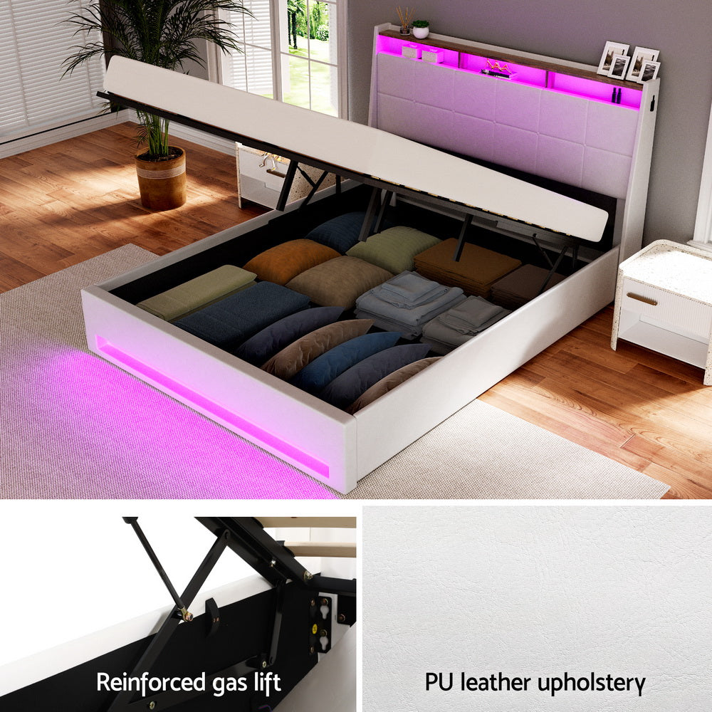 Sunset Double LED Gas Lift Bed Frame - White