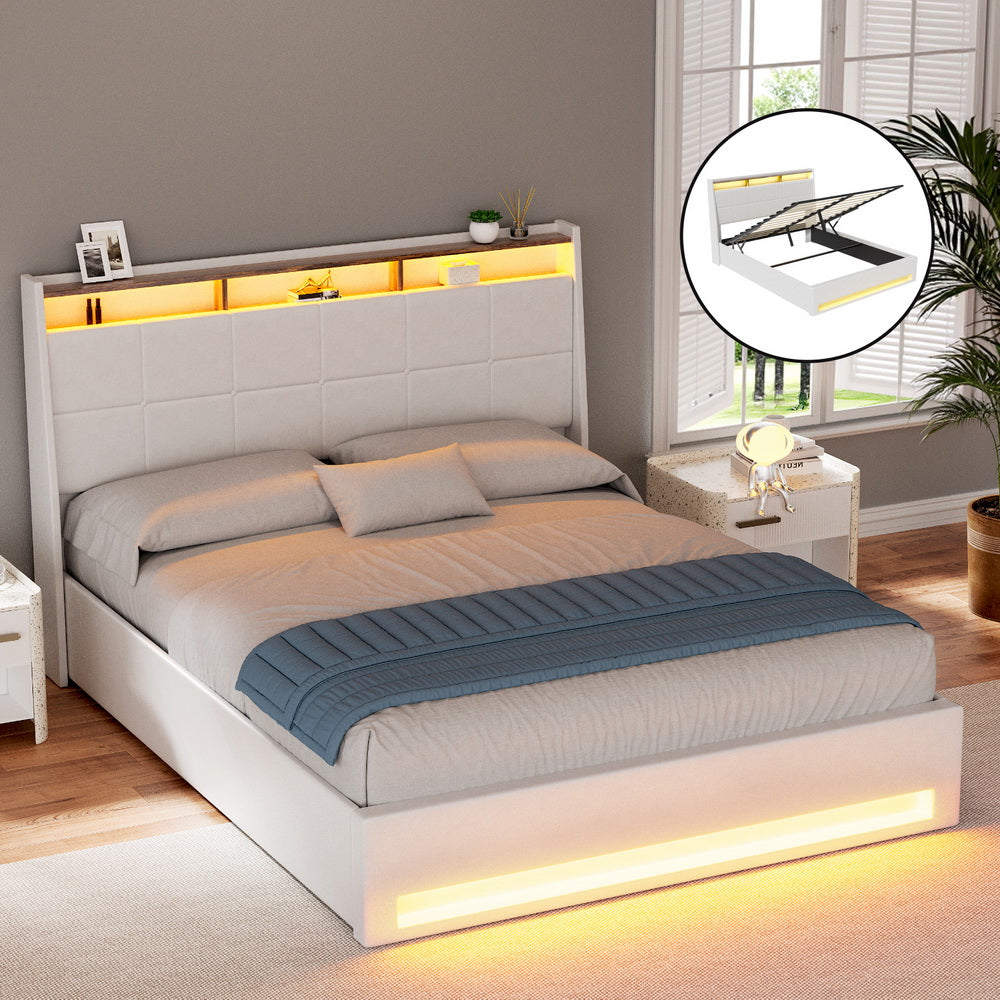 Sunset Double LED Gas Lift Bed Frame - White