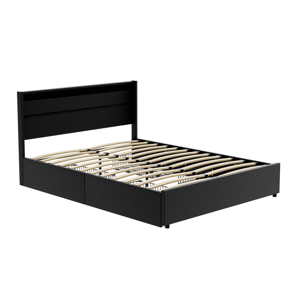 Dunn Queen LED Bed Frame Queen Size with 4 Drawers - Black
