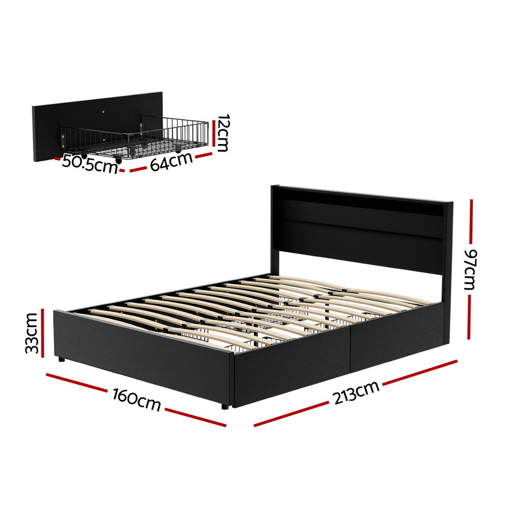 Dunn Queen LED Bed Frame Queen Size with 4 Drawers - Black