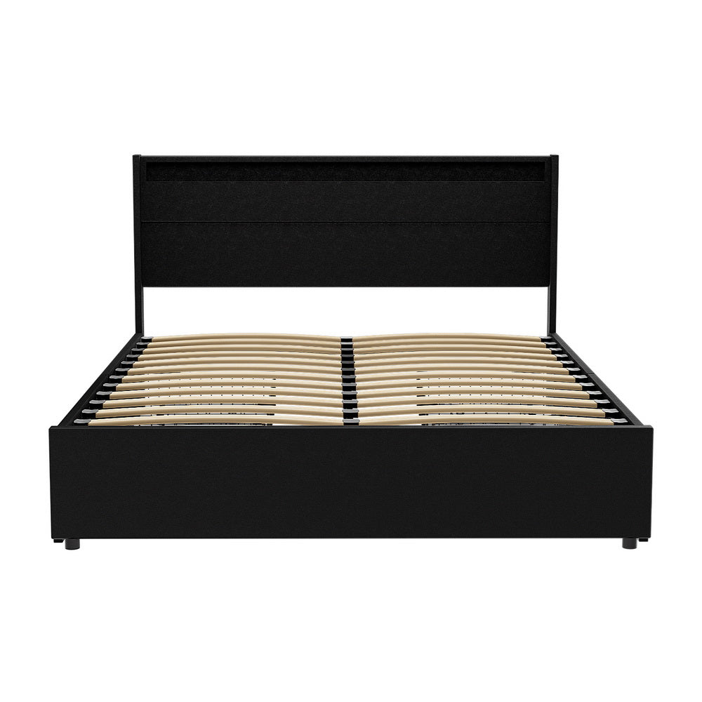 Dunn Queen LED Bed Frame Queen Size with 4 Drawers - Black