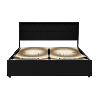 Dunn Queen LED Bed Frame Queen Size with 4 Drawers - Black