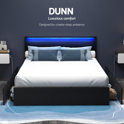 Dunn Queen LED Bed Frame Queen Size with 4 Drawers - Black
