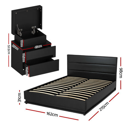 Queen RGB LED Bed Frame with 2 Beside Tables Set - PVC Leather