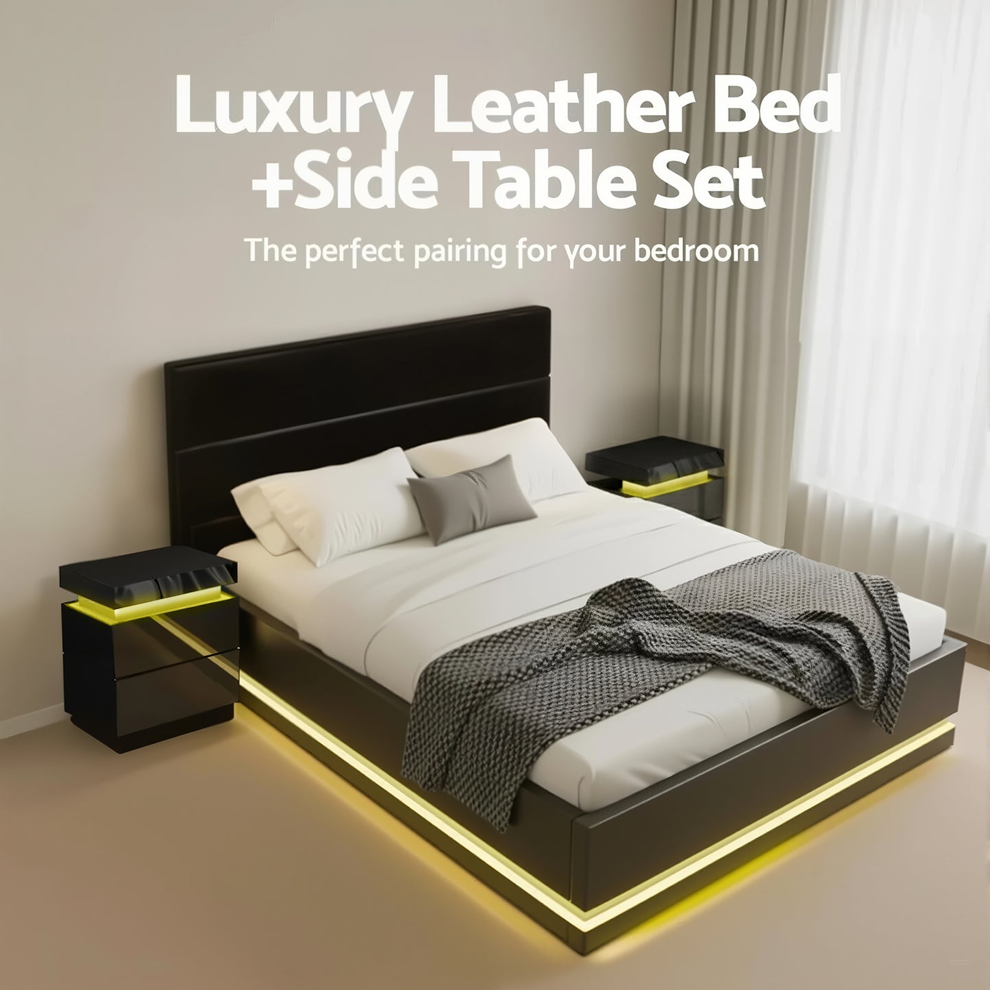 Queen RGB LED Bed Frame with 2 Beside Tables Set - PVC Leather
