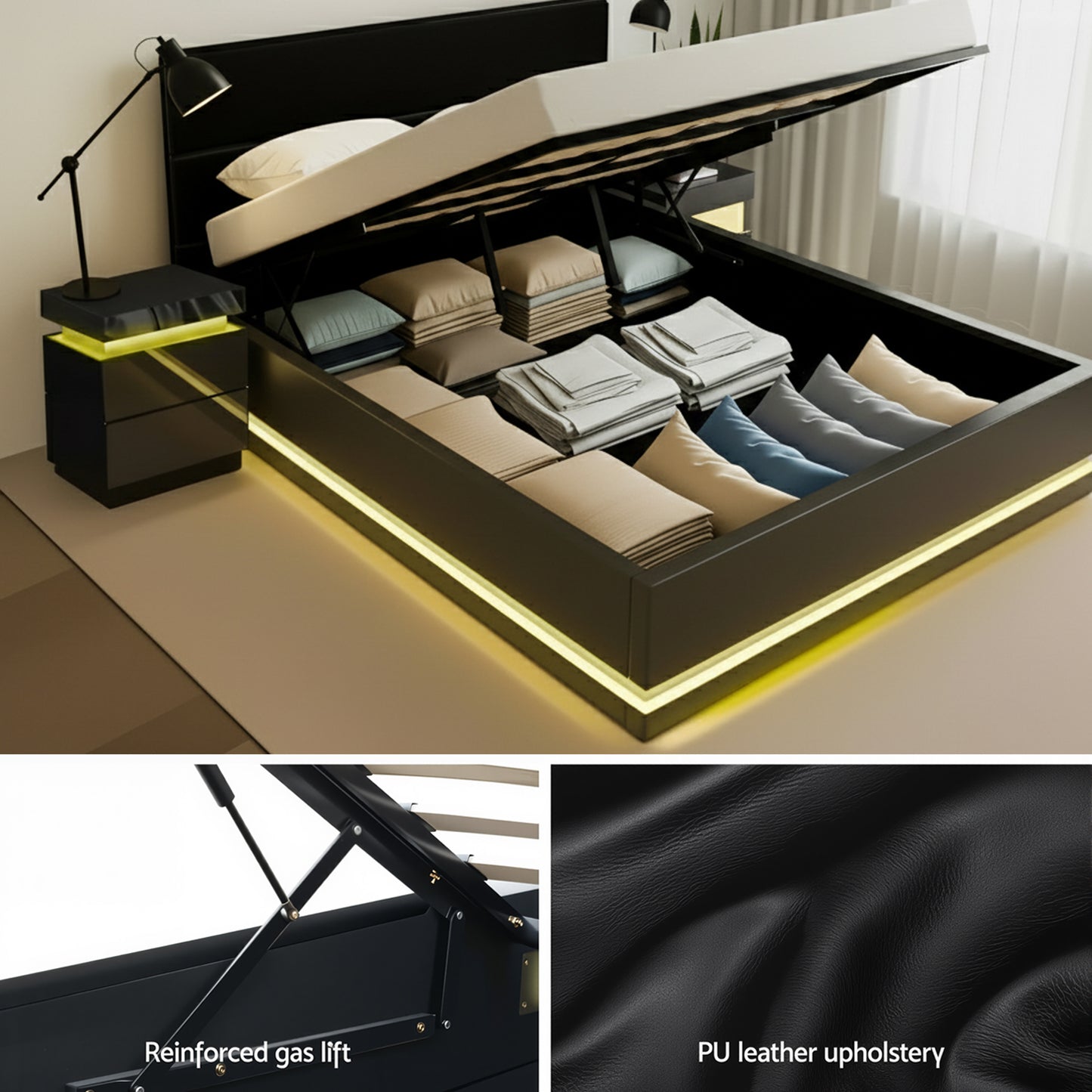 Queen RGB LED Bed Frame with 2 Beside Tables Set - PVC Leather