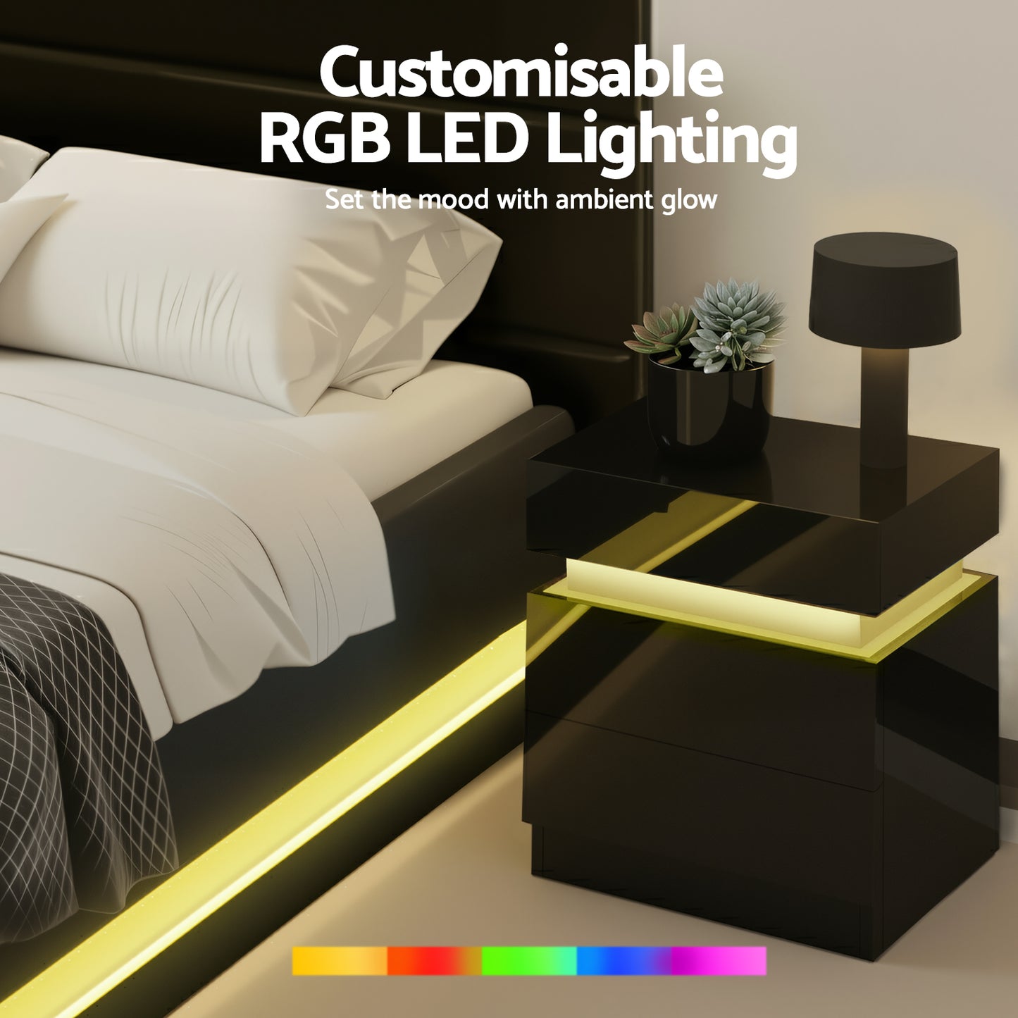 Queen RGB LED Bed Frame with 2 Beside Tables Set - PVC Leather