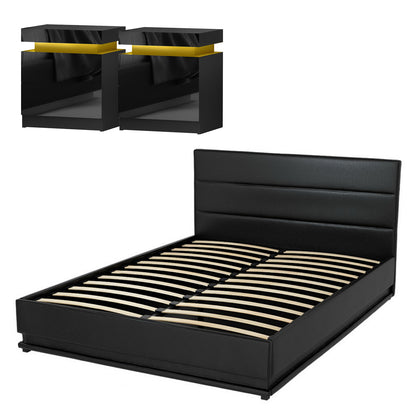 Queen RGB LED Bed Frame with 2 Beside Tables Set - PVC Leather