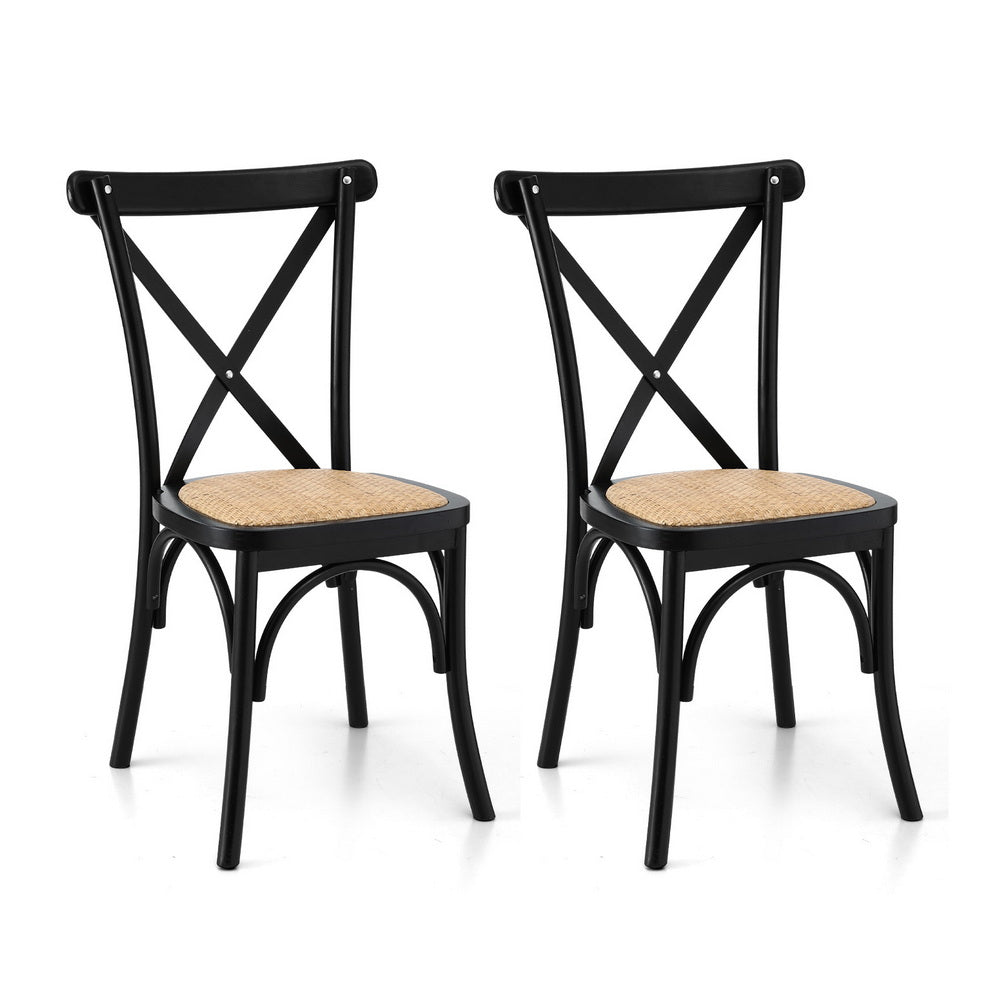 Set of 2 Rattan Wooden Kitchen Accent Dining Chairs - Black