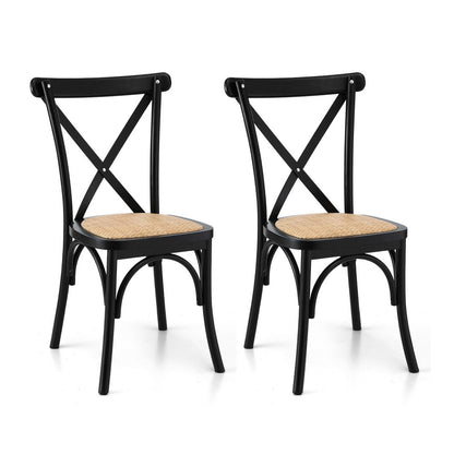 Set of 2 Rattan Wooden Kitchen Accent Dining Chairs - Black