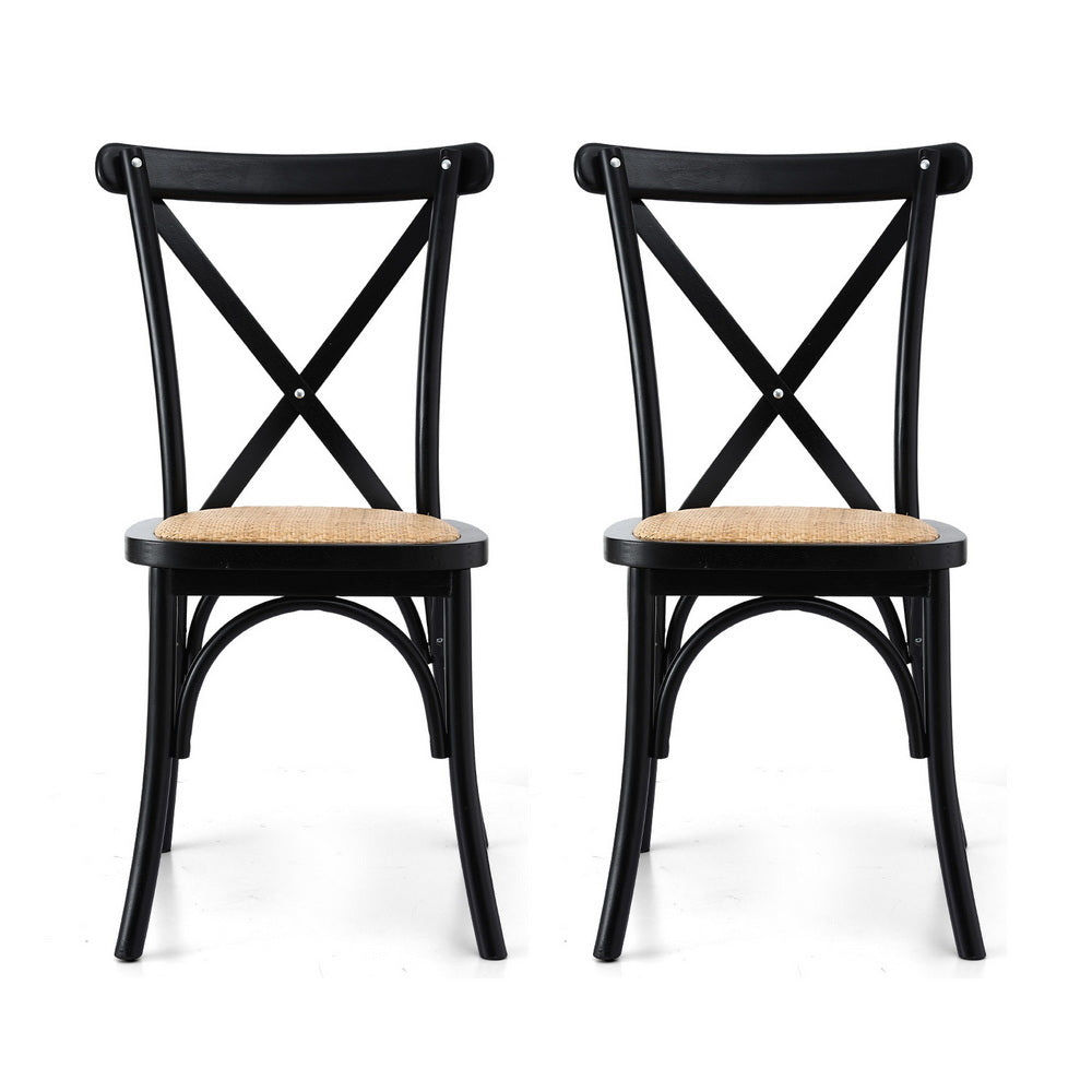 Set of 2 Rattan Wooden Kitchen Accent Dining Chairs - Black