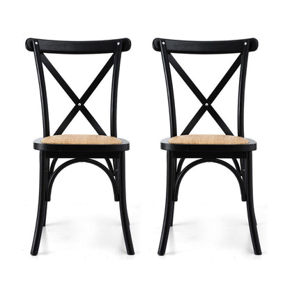 Set of 2 Rattan Wooden Kitchen Accent Dining Chairs - Black