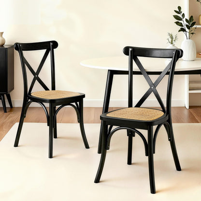 Set of 2 Rattan Wooden Kitchen Accent Dining Chairs - Black