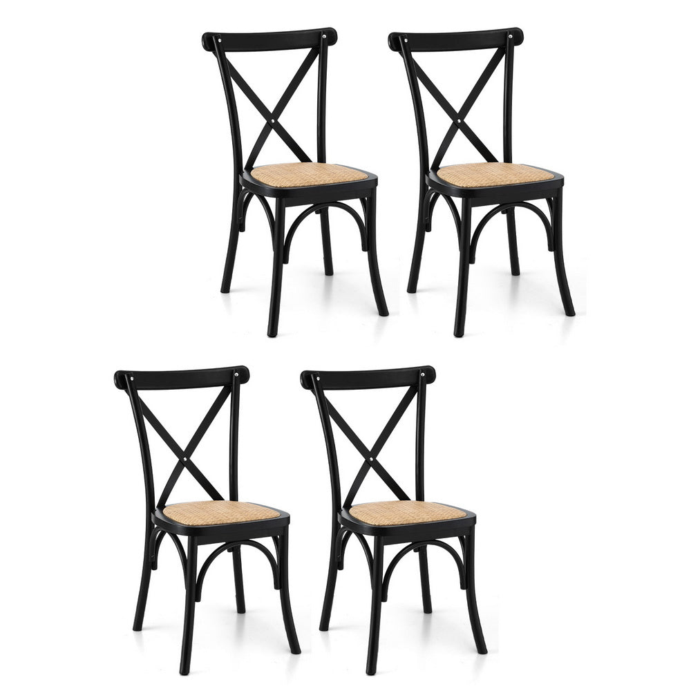 Set of 4 Rattan Wooden Kitchen Accent Dining Chairs - Black