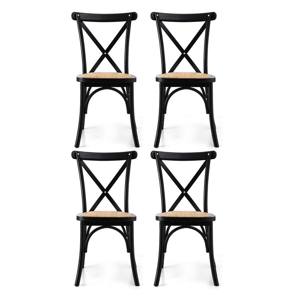 Set of 4 Rattan Wooden Kitchen Accent Dining Chairs - Black