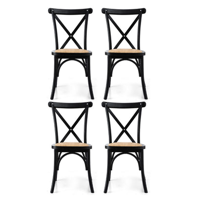 Set of 4 Rattan Wooden Kitchen Accent Dining Chairs - Black