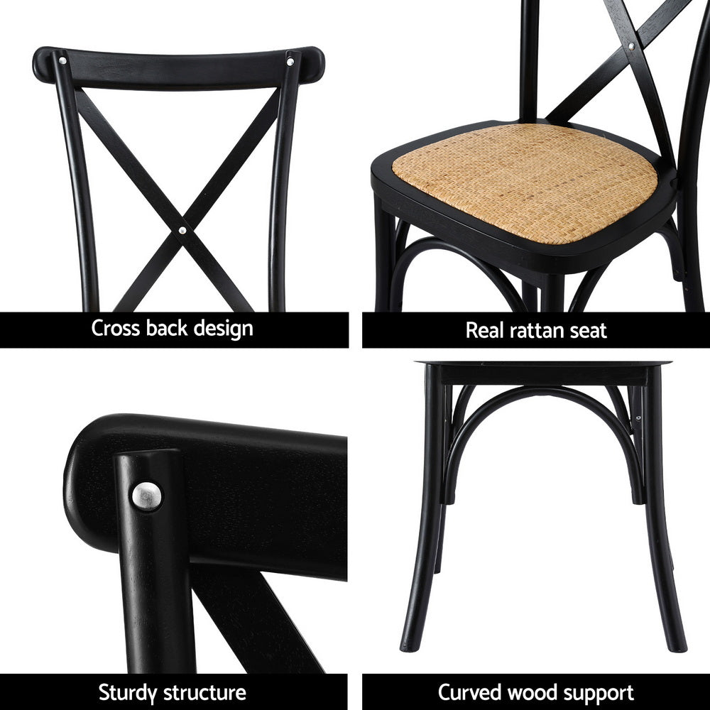 Set of 4 Rattan Wooden Kitchen Accent Dining Chairs - Black