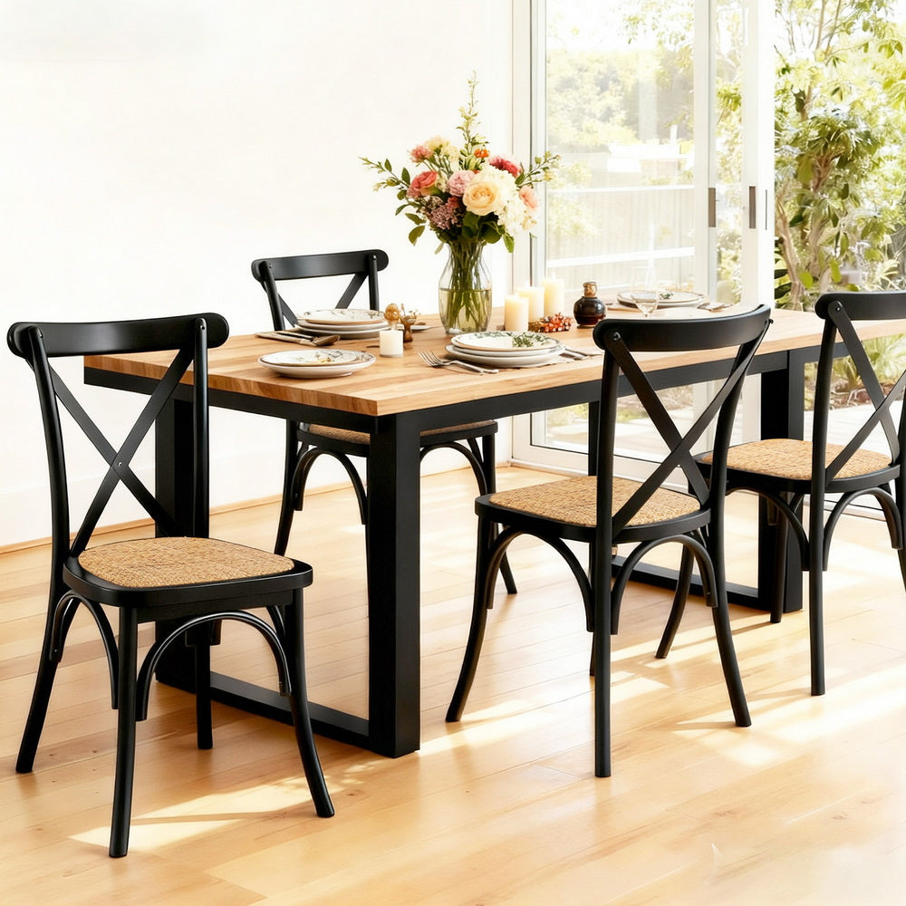 Set of 4 Rattan Wooden Kitchen Accent Dining Chairs - Black