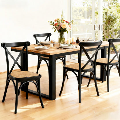 Set of 4 Rattan Wooden Kitchen Accent Dining Chairs - Black