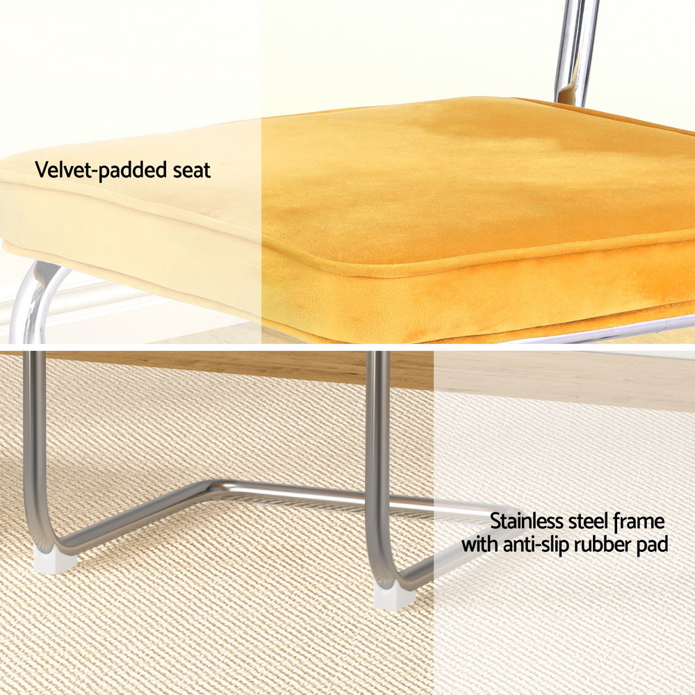 Set of 2 Felix Dining Chairs Velvet Rattan Cantilever - Yellow