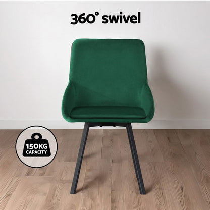 Set of 4 Sam Dining Chairs Velvet Swivel Base - Green