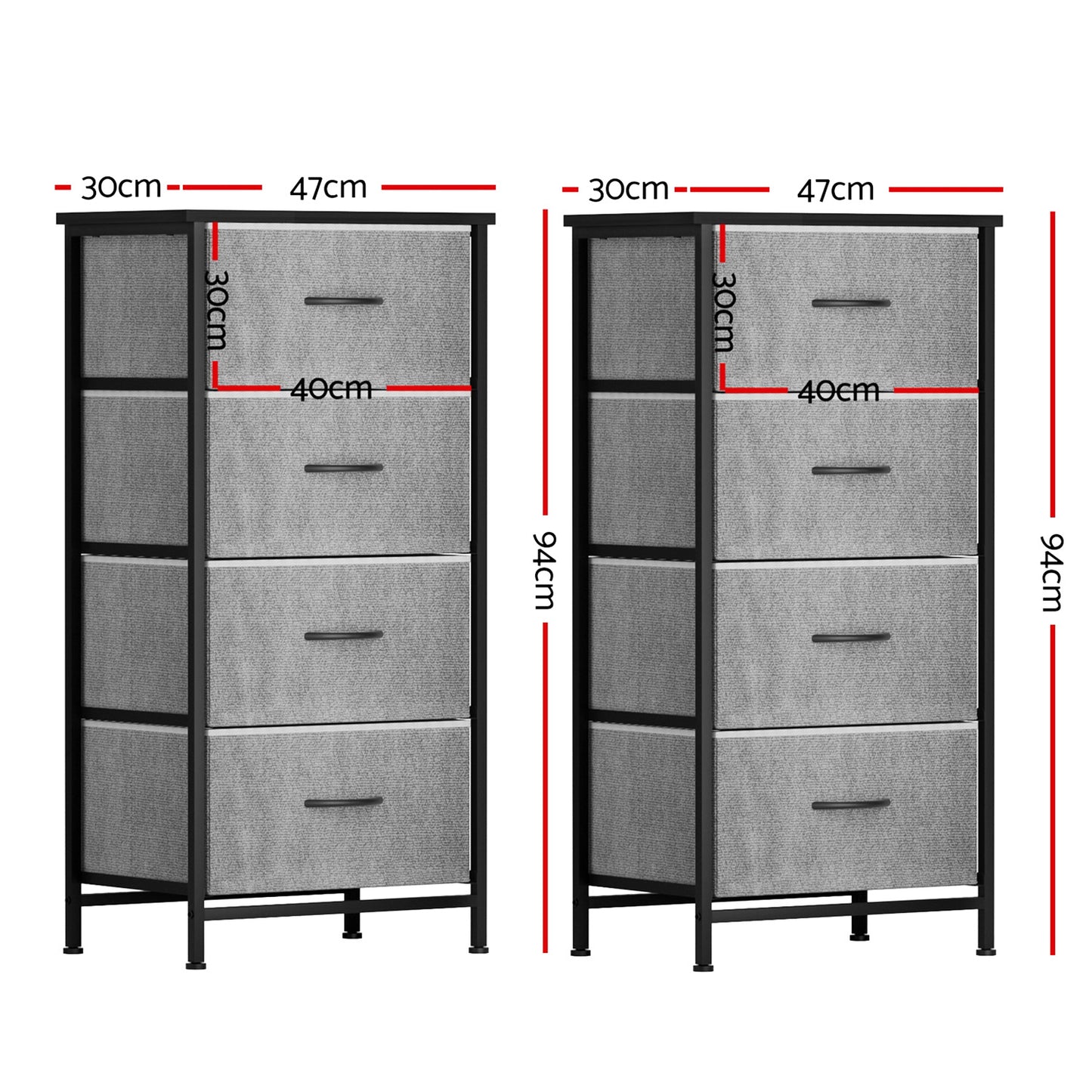 Set of 2 Chest of 4 Drawers Storage Dresser Tallboy - Grey