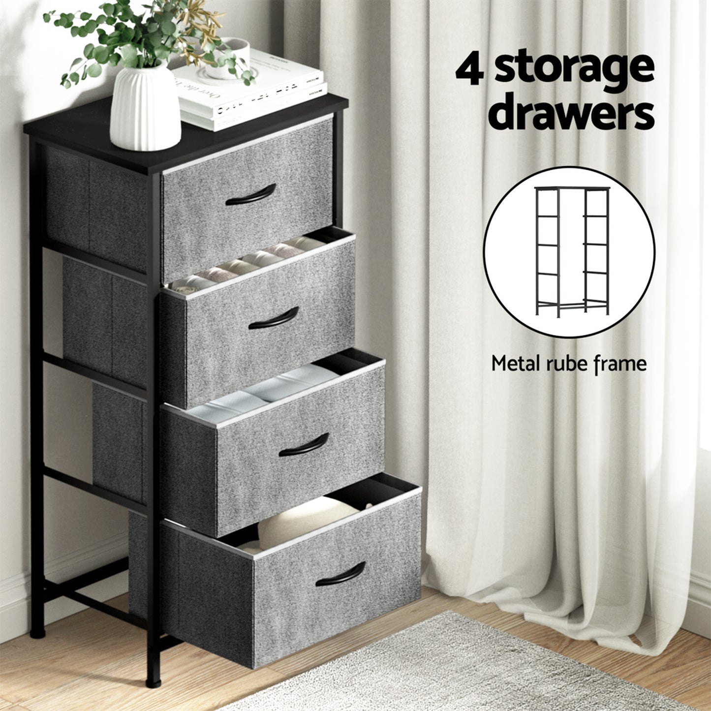 Set of 2 Chest of 4 Drawers Storage Dresser Tallboy - Grey
