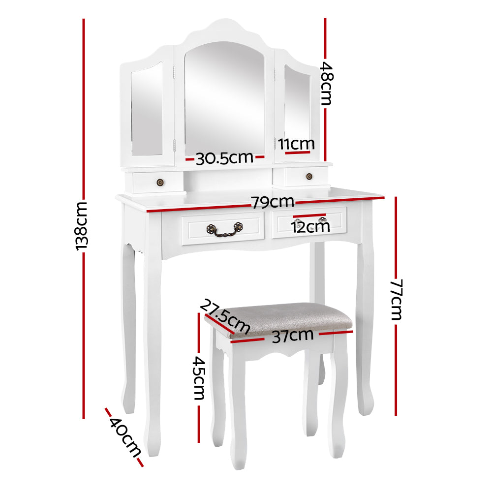 Dressing Table Stool Set Foldable Mirror - White