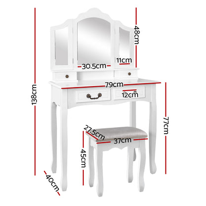 Dressing Table Stool Set Foldable Mirror - White