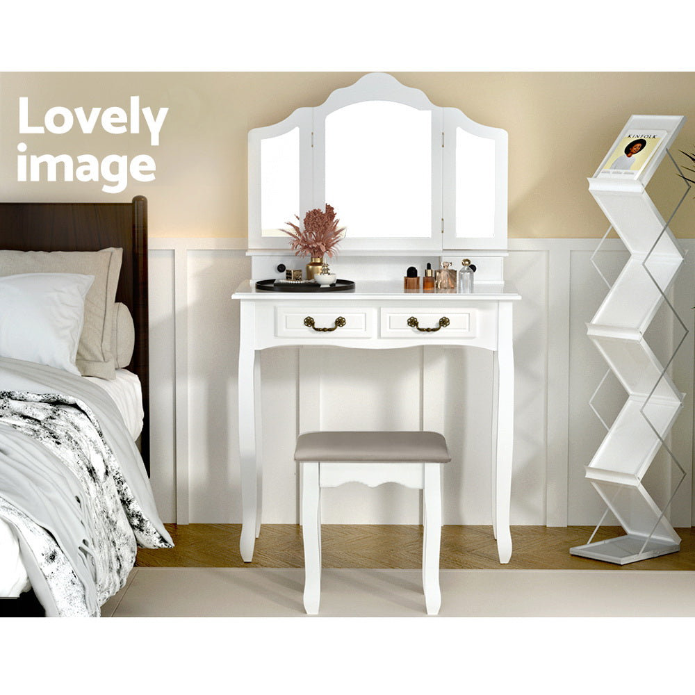Dressing Table Stool Set Foldable Mirror - White