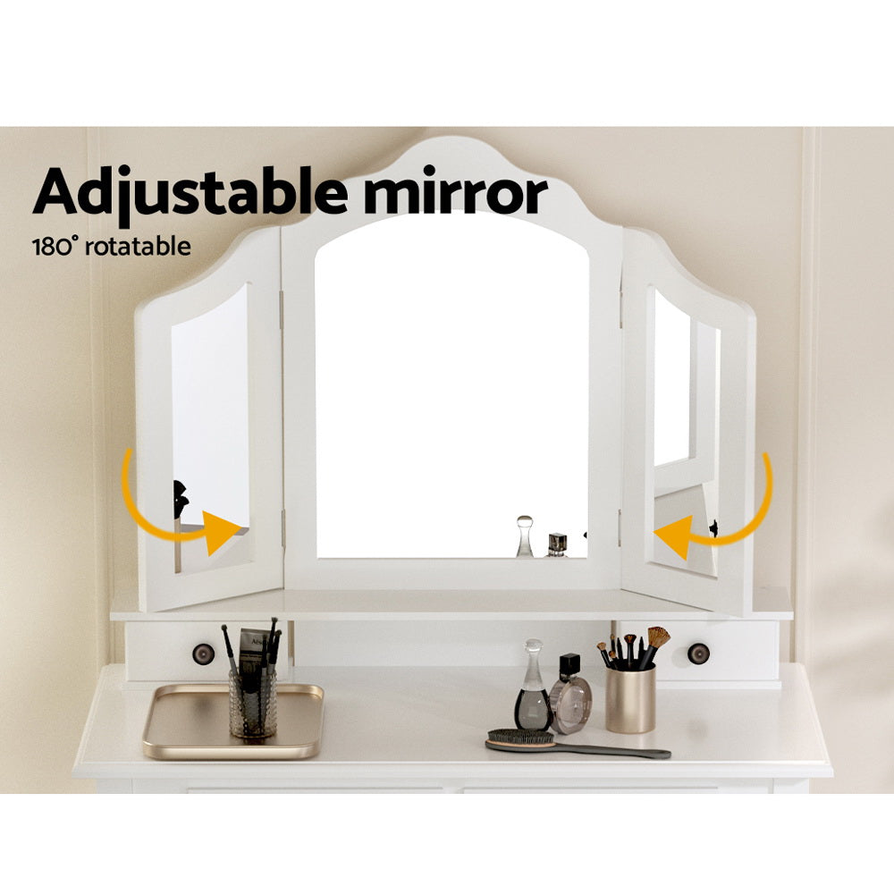 Dressing Table Stool Set Foldable Mirror - White