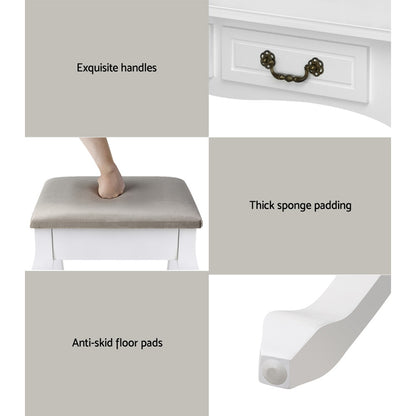 Dressing Table Stool Set Foldable Mirror - White