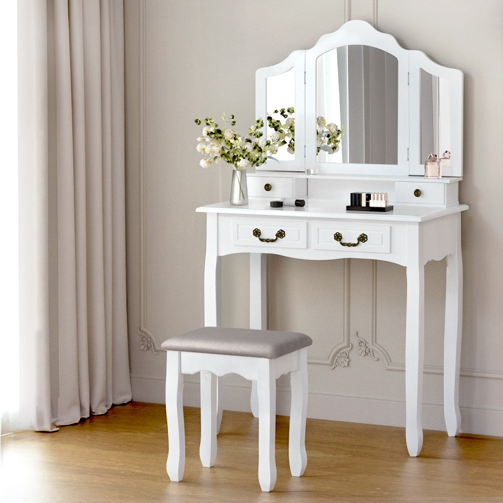 Dressing Table Stool Set Foldable Mirror - White