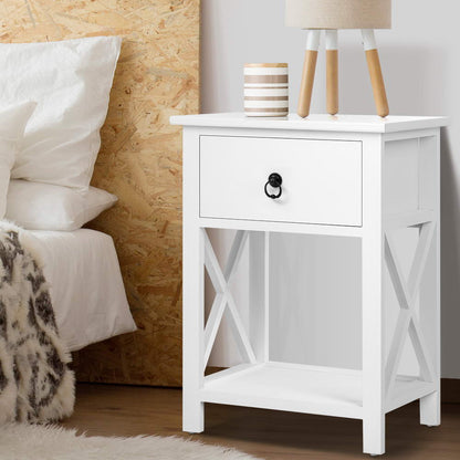 Set of 2 Emma Bedside Table 1 Drawer with Shelf - White