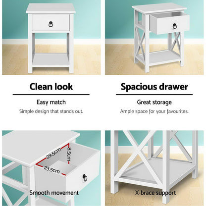 Set of 2 Emma Bedside Table 1 Drawer with Shelf - White