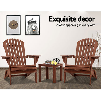 3PC Adirondack Outdoor Table and Chairs Wooden Foldable Beach Chair Brown
