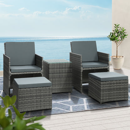 5PC Wicker Bistro Set Table and Chairs Ottoman - Grey