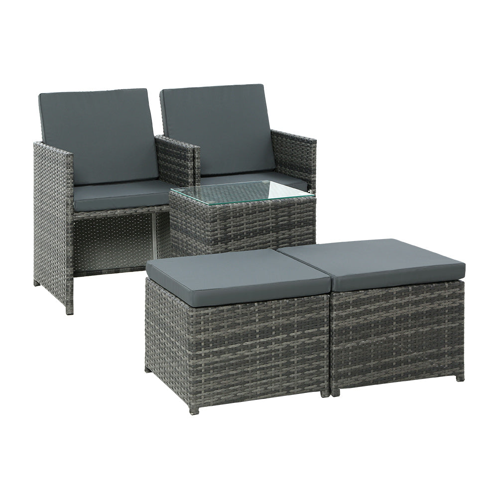5PC Wicker Bistro Set Table and Chairs Ottoman - Grey